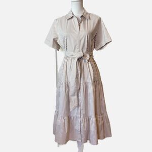 Chico’s Poplin Stripe Shirt Dress White Beige Cotton Blend A-Line 12 Petite NWT